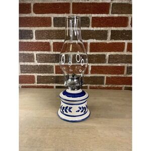 Vtg. Lamplight Farms Blue& White Ceramic Oil Lamp. 13" Tall